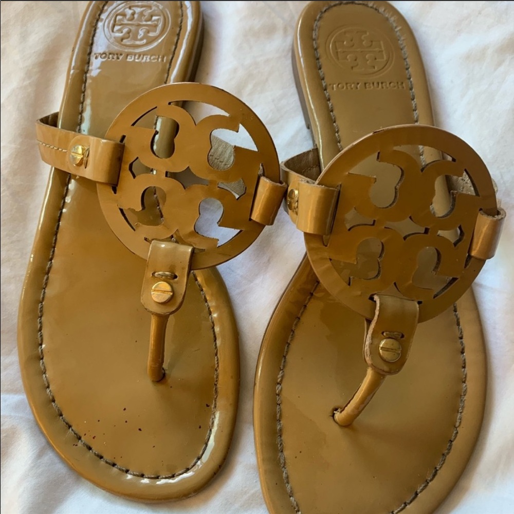 Tory Burch camel patent leather Miller sandal